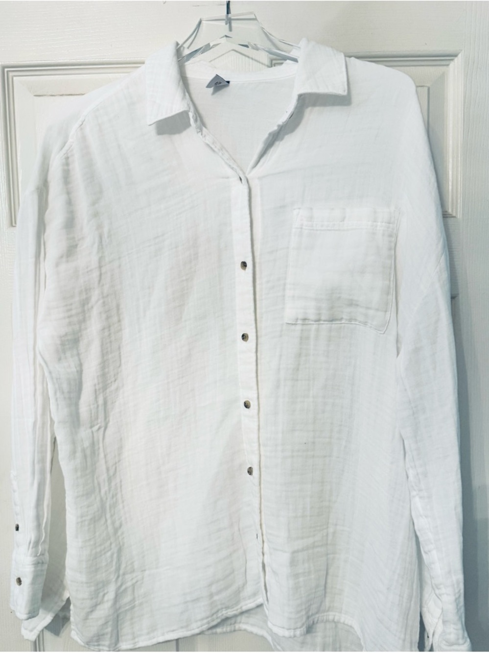 White Women’s Gauzy 100% Cotton Oversized Button Down with Brown Buttons L